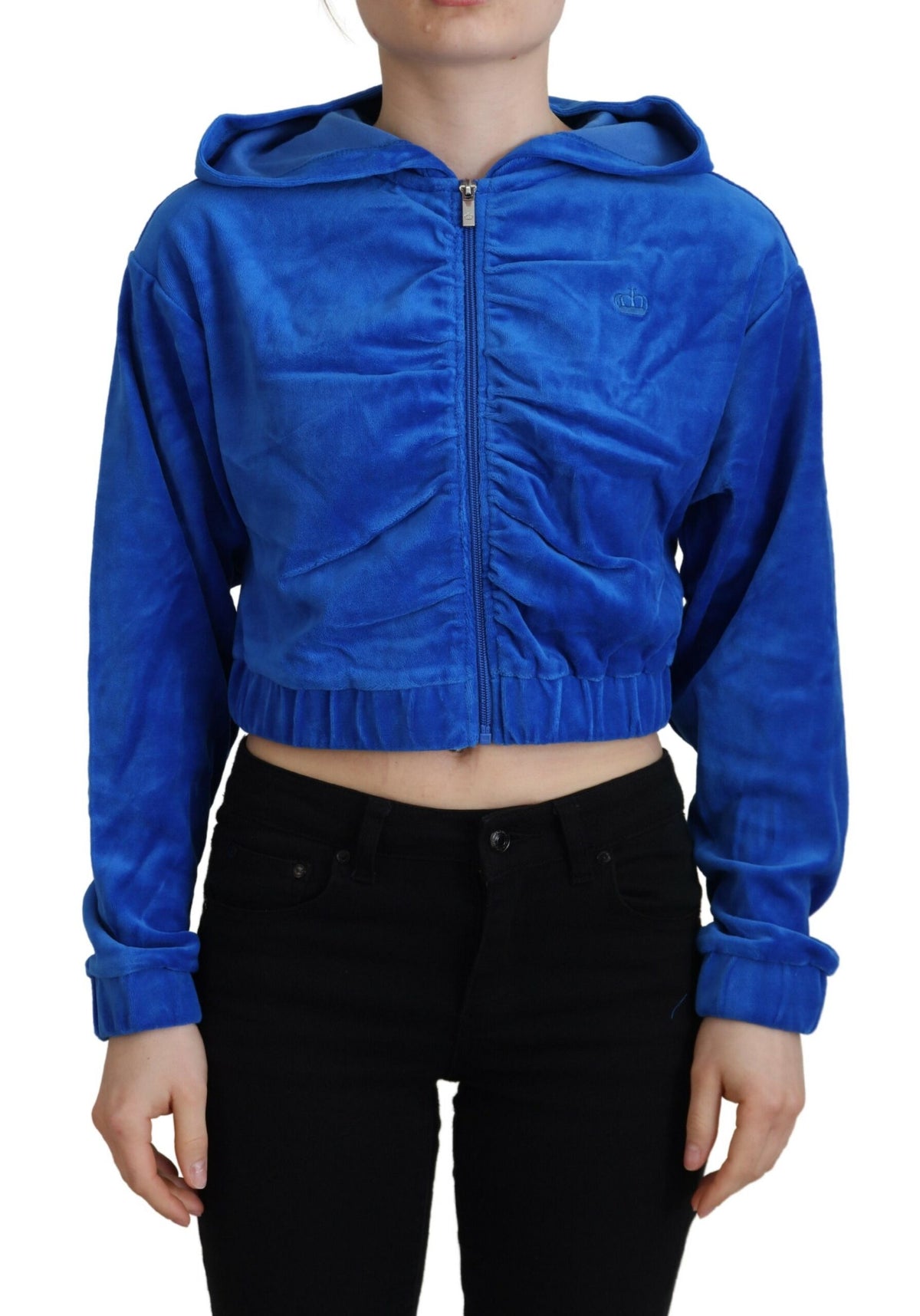 Felpa con cappuccio corta con zip intera in cotone blu - IT38 - XS