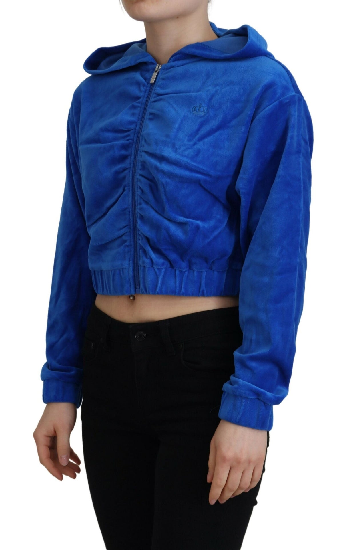Felpa con cappuccio corta con zip intera in cotone blu - IT38 - XS
