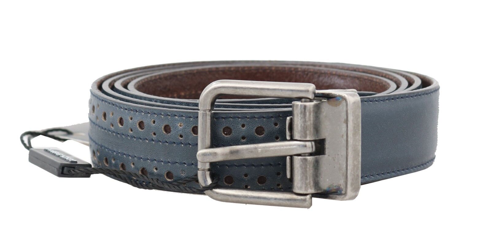 Blue Perforated Leather Gray Buckle Belt - 90-cm-36-inches