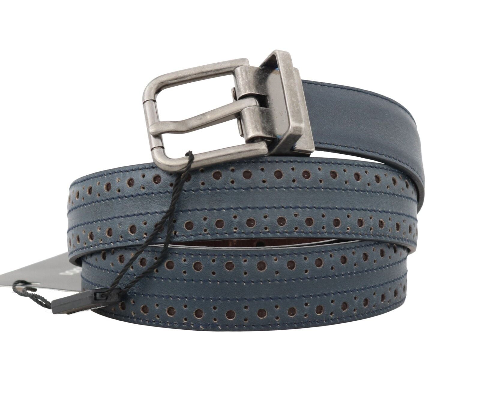 Blue Perforated Leather Gray Buckle Belt - 90-cm-36-inches