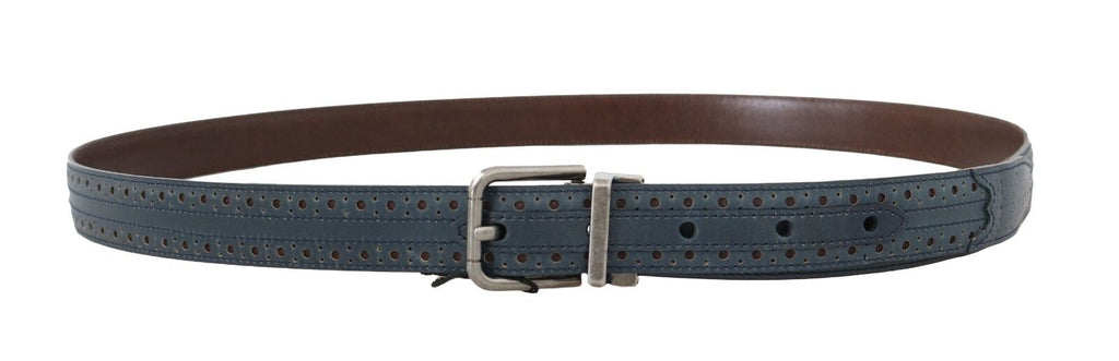 Blue Perforated Leather Gray Buckle Belt - 90-cm-36-inches