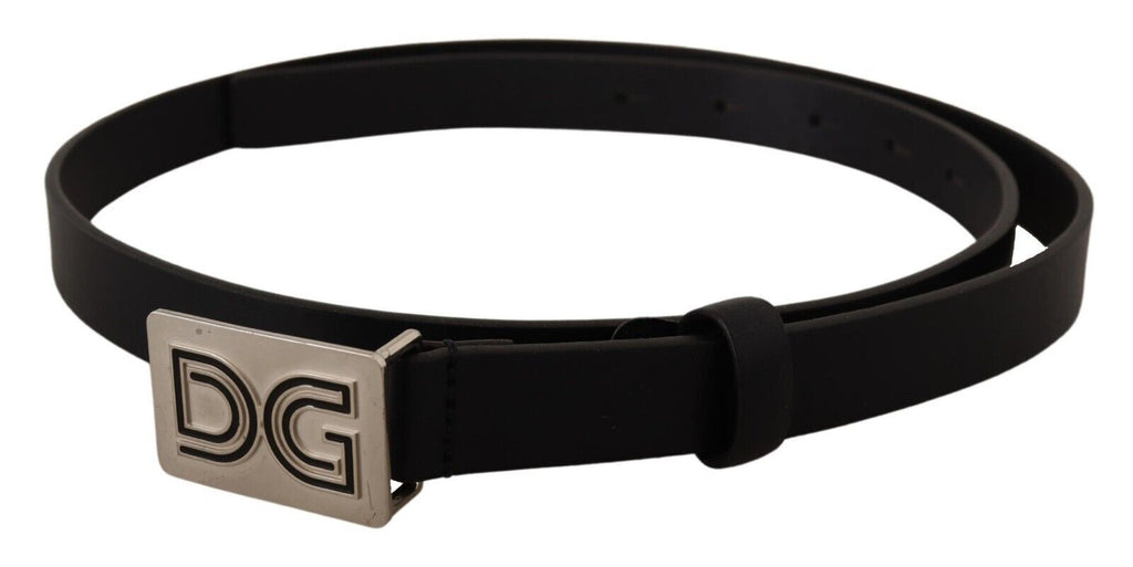 Black Leather Silver DG Logo Buckle Belt - 90-cm-36-inches