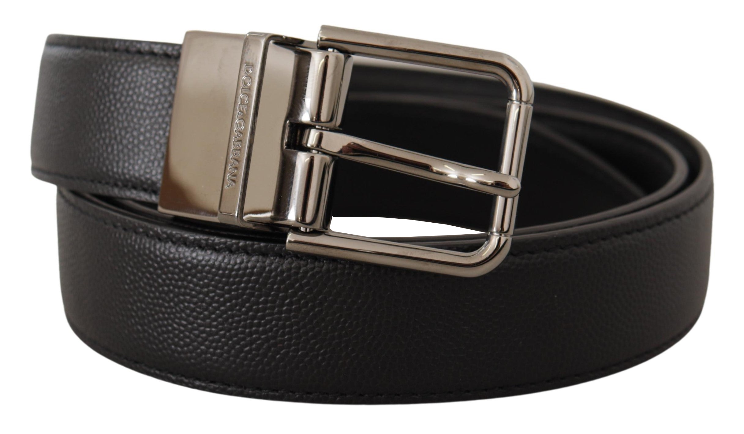 Black Calf Leather Logo Engraved Metal Buckle Belt - 90-cm-36-inches
