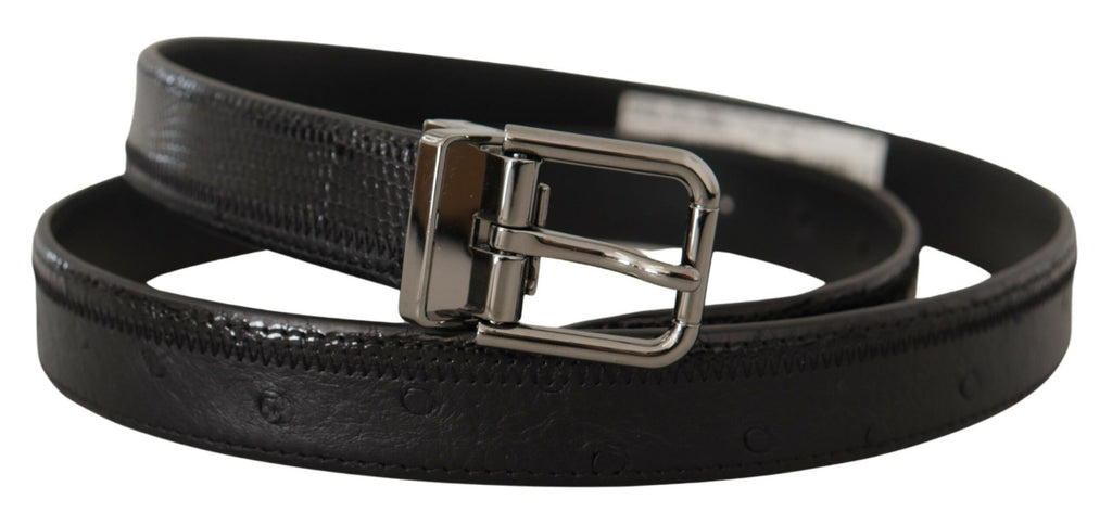 Black Ostrich Exotic Leather Logo Metal Buckle Belt - 90-cm-36-inches