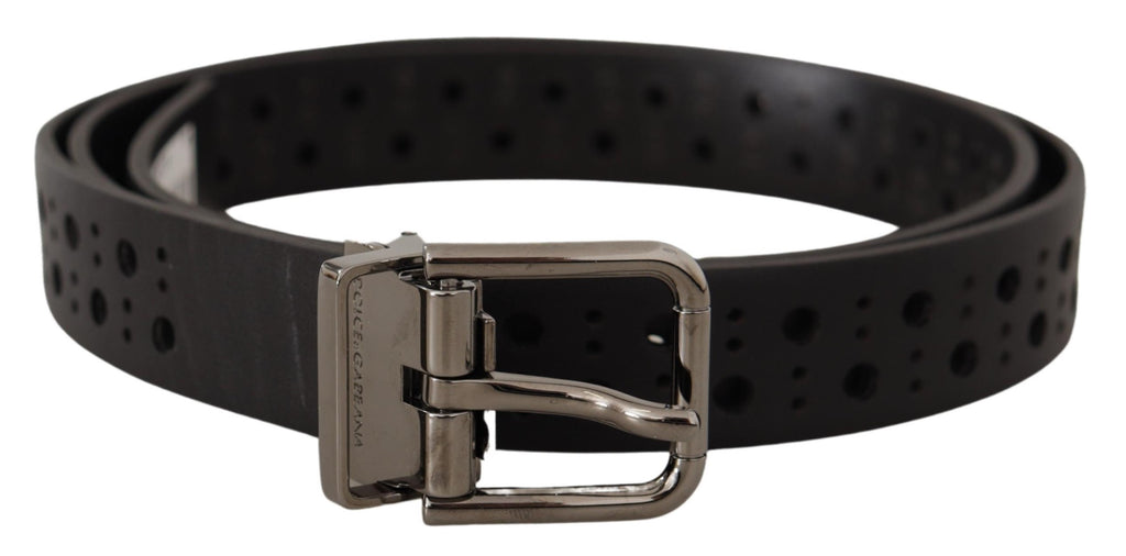 Black Calf Leather Perforated Metal Buckle Belt - 90-cm-36-inches