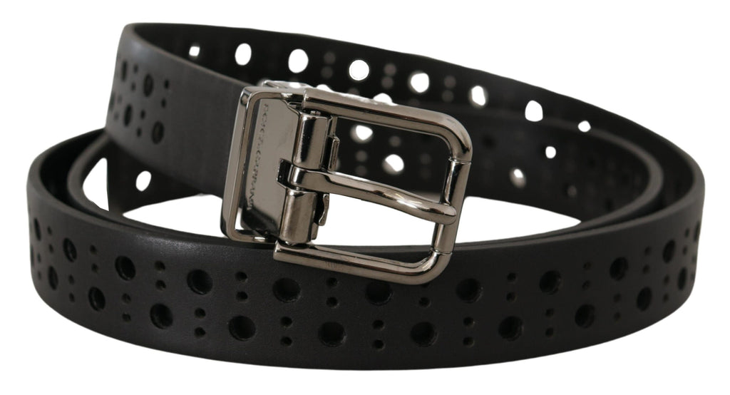 Black Calf Leather Perforated Metal Buckle Belt - 90-cm-36-inches
