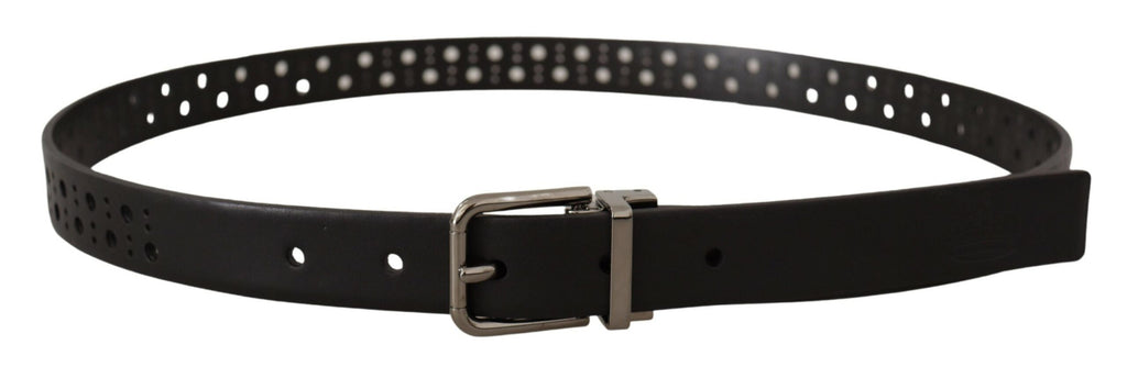 Black Calf Leather Perforated Metal Buckle Belt - 90-cm-36-inches