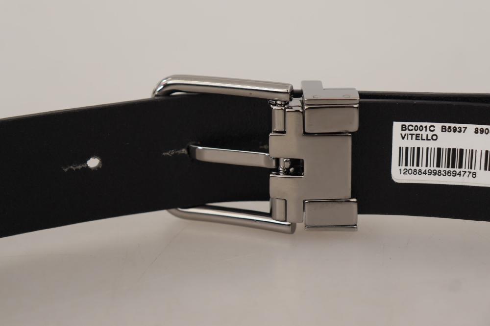 Black Casual Calf Leather Logo Metal Buckle Belt - 85-cm-34-inches