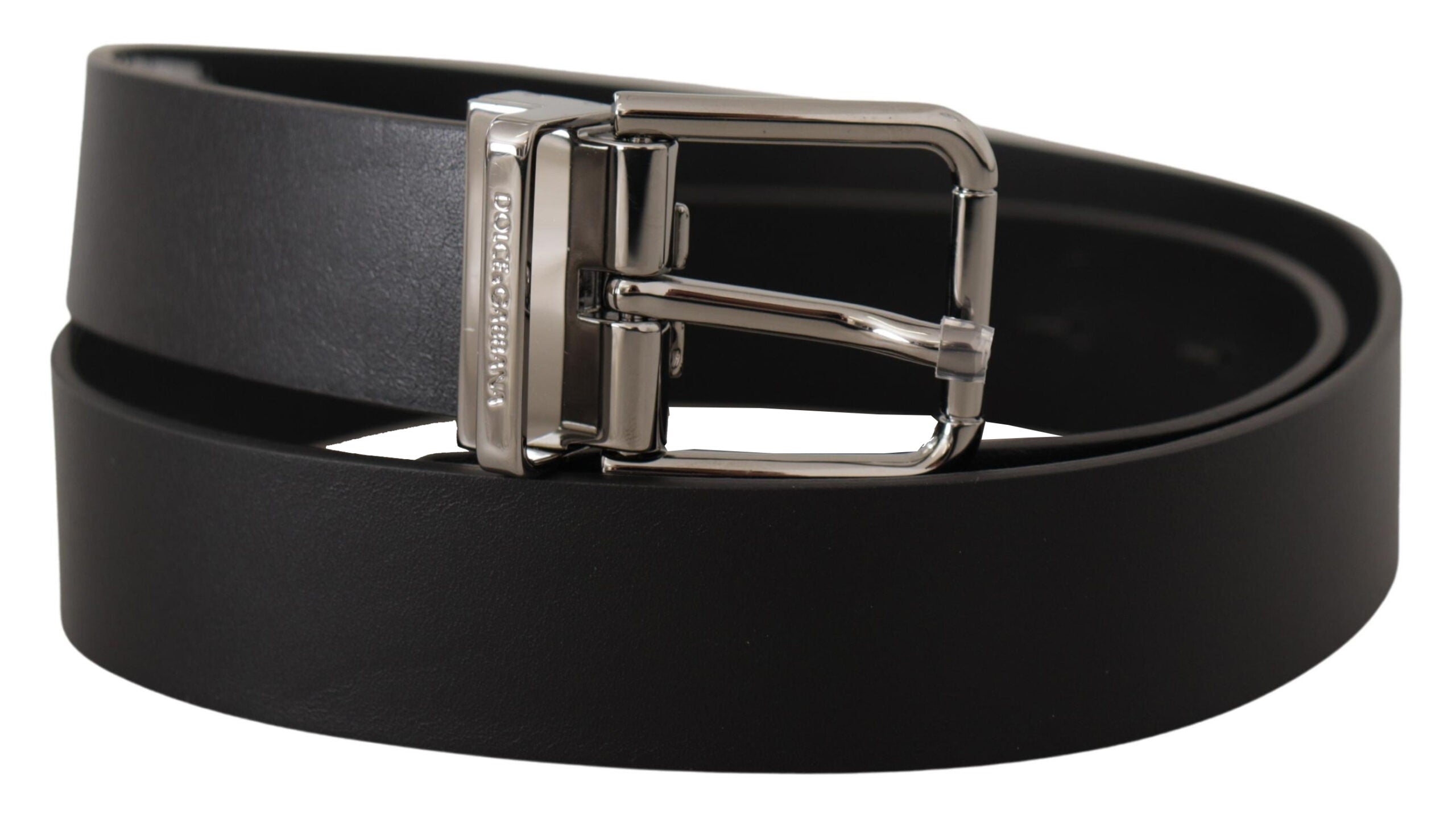 Black Calf Leather Logo Engraved Metal Buckle Belt - 85-cm-34-inches