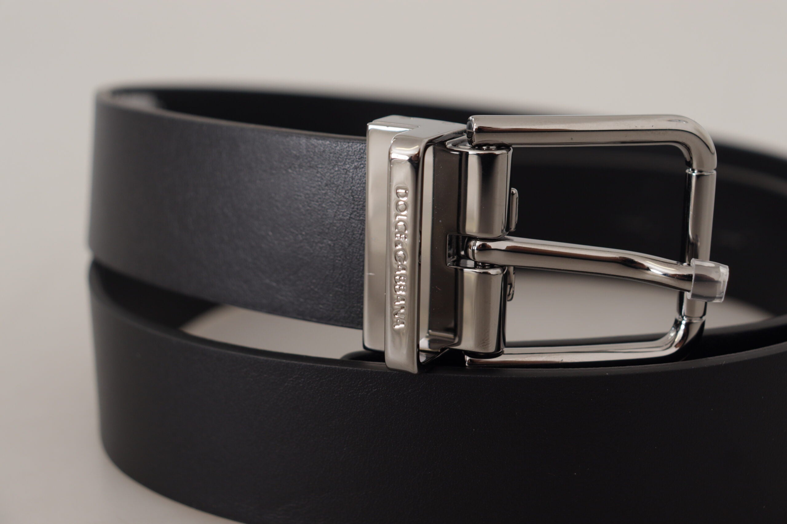 Black Calf Leather Logo Engraved Metal Buckle Belt - 85-cm-34-inches