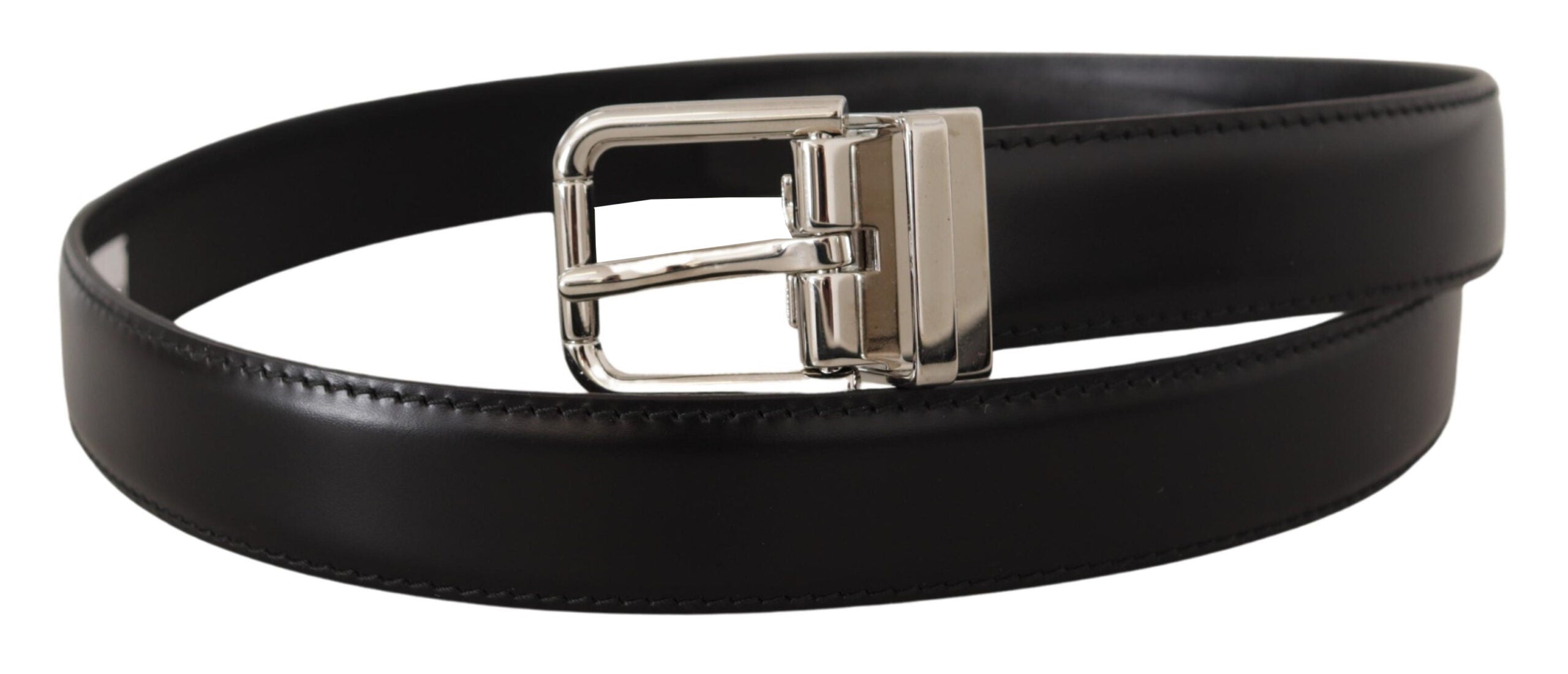 Black Calf Leather Logo Engraved Metal Buckle Belt - 75-cm-30-inches