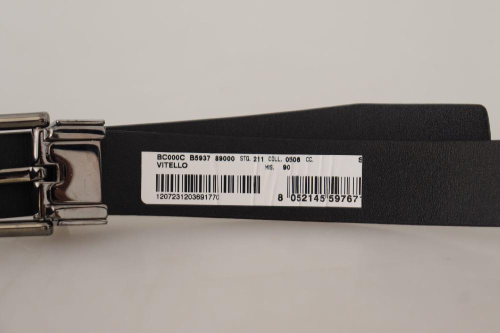 Black Calf Leather Logo Engraved Metal Buckle Belt - 95-cm-38-inches