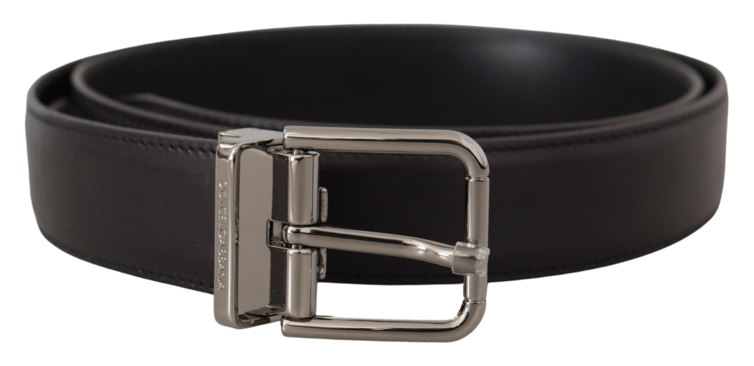 Black Calf Leather Logo Engraved Metal Buckle Belt - 90-cm-36-inches