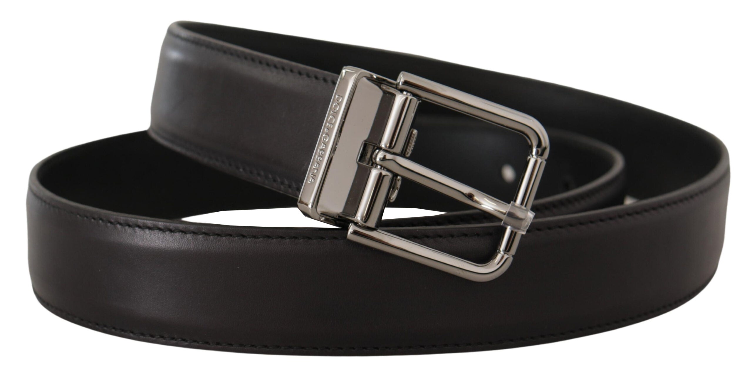 Black Calf Leather Logo Engraved Metal Buckle Belt - 90-cm-36-inches
