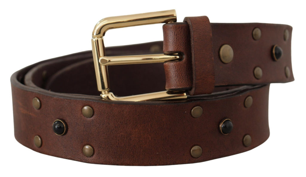 Brown Leather Studded Gold Tone Metal Buckle Belt - 90-cm-36-inches
