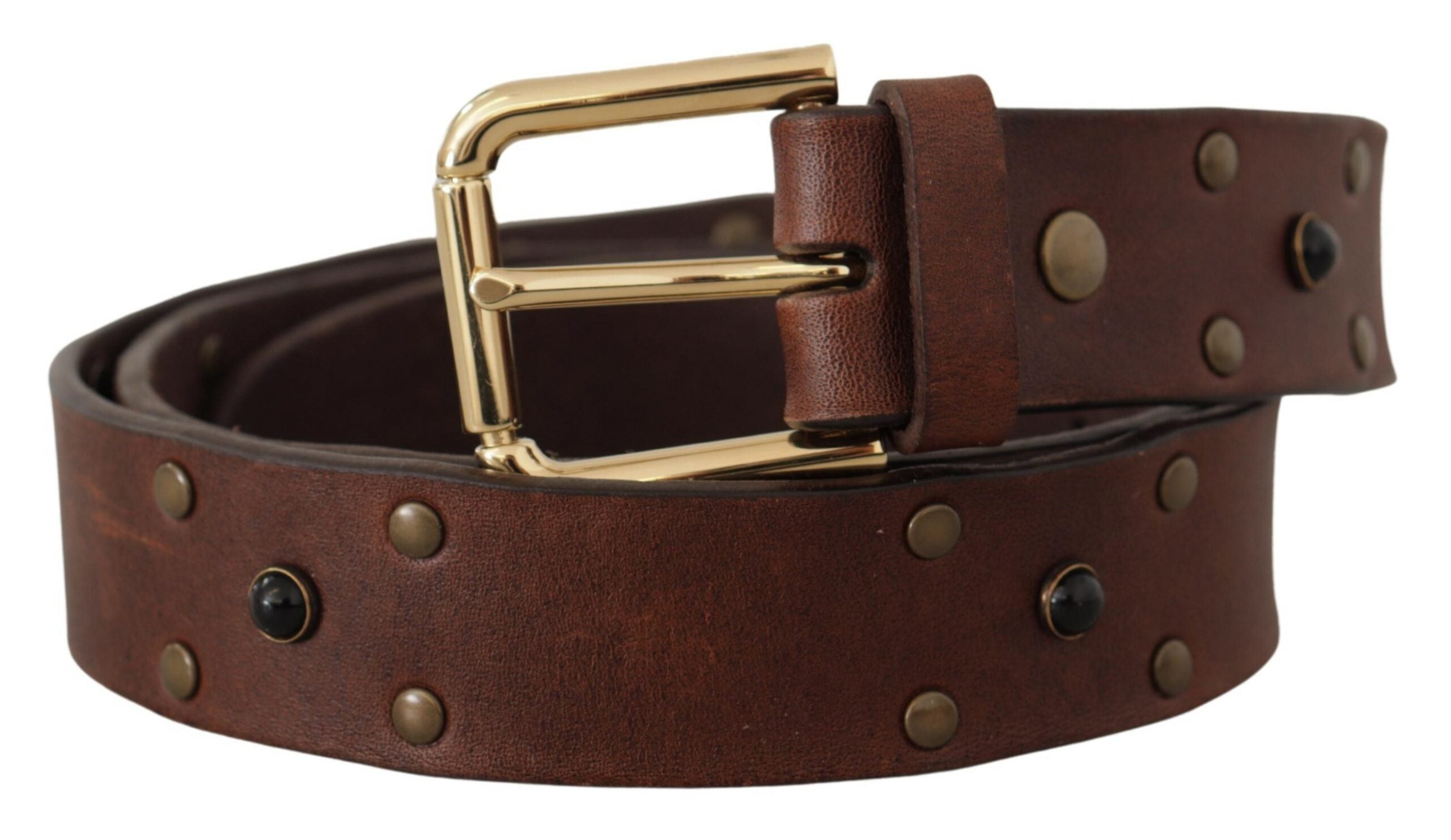 Brown Leather Studded Gold Tone Metal Buckle Belt - 90-cm-36-inches