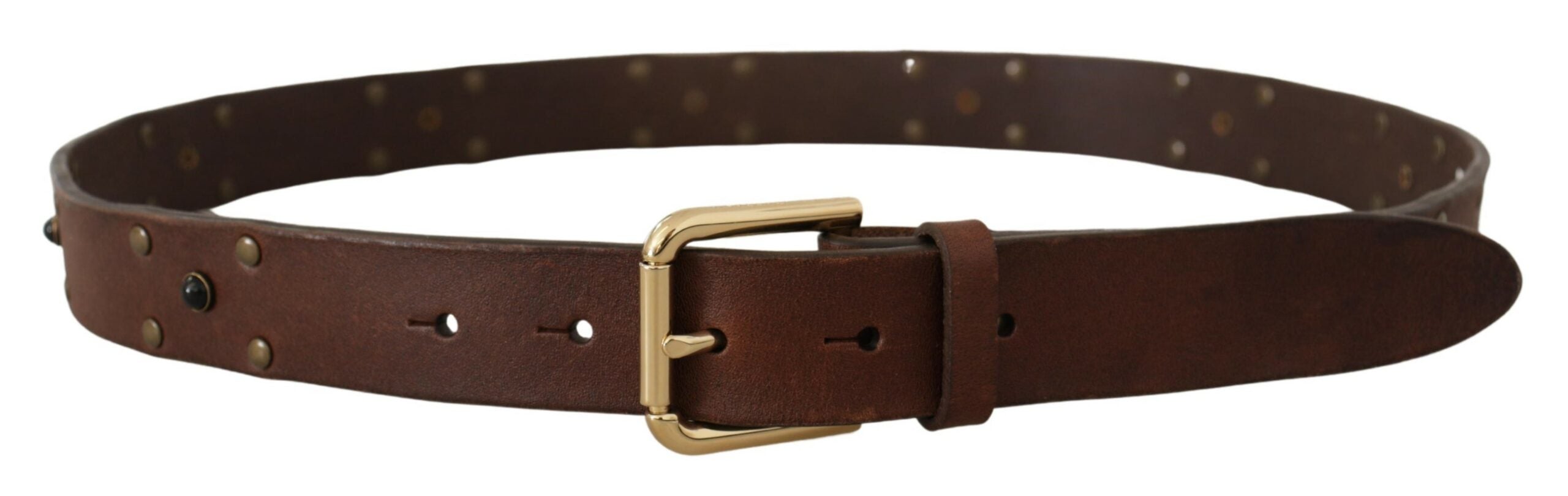 Brown Leather Studded Gold Tone Metal Buckle Belt - 90-cm-36-inches