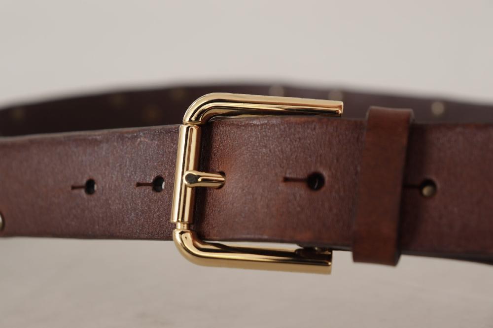 Brown Leather Studded Gold Tone Metal Buckle Belt - 90-cm-36-inches