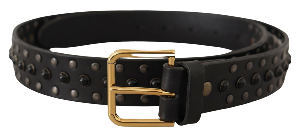 Black Leather Studded Gold Tone Metal Buckle Belt - 90-cm-36-inches