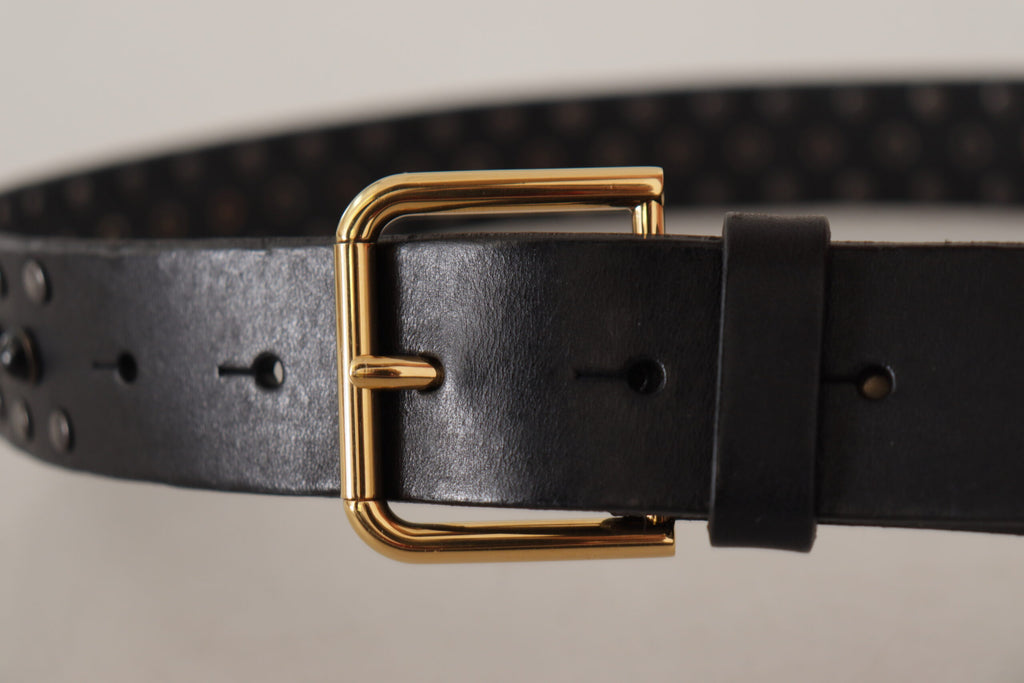 Black Leather Studded Gold Tone Metal Buckle Belt - 90-cm-36-inches