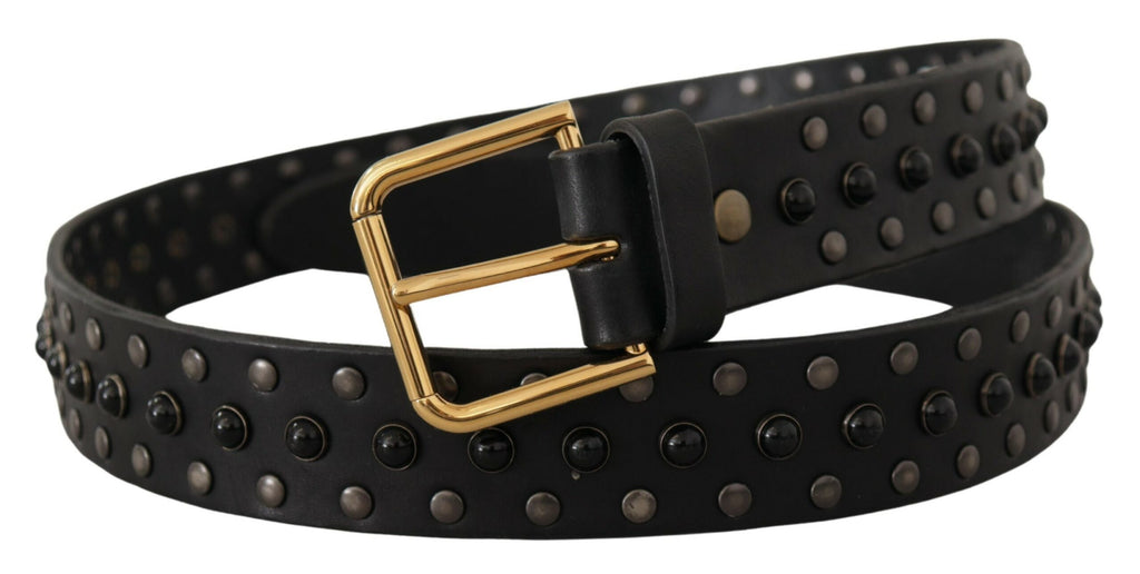 Black Leather Studded Gold Tone Metal Buckle Belt - 90-cm-36-inches
