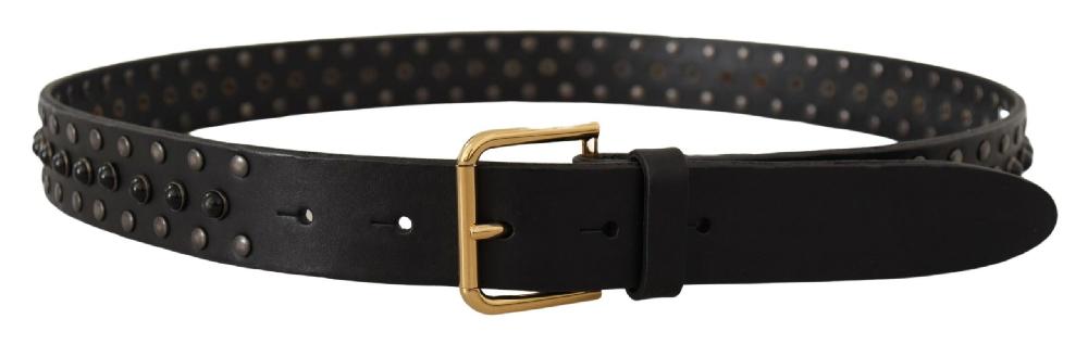 Black Leather Studded Gold Tone Metal Buckle Belt - 90-cm-36-inches