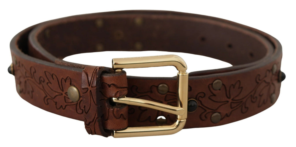 Brown Leather Floral Studded Metal Buckle Belt - 85-cm-34-inches