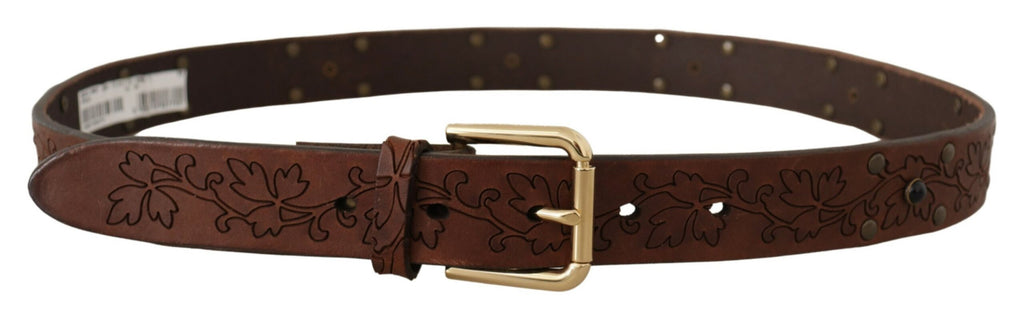 Brown Leather Floral Studded Metal Buckle Belt - 85-cm-34-inches