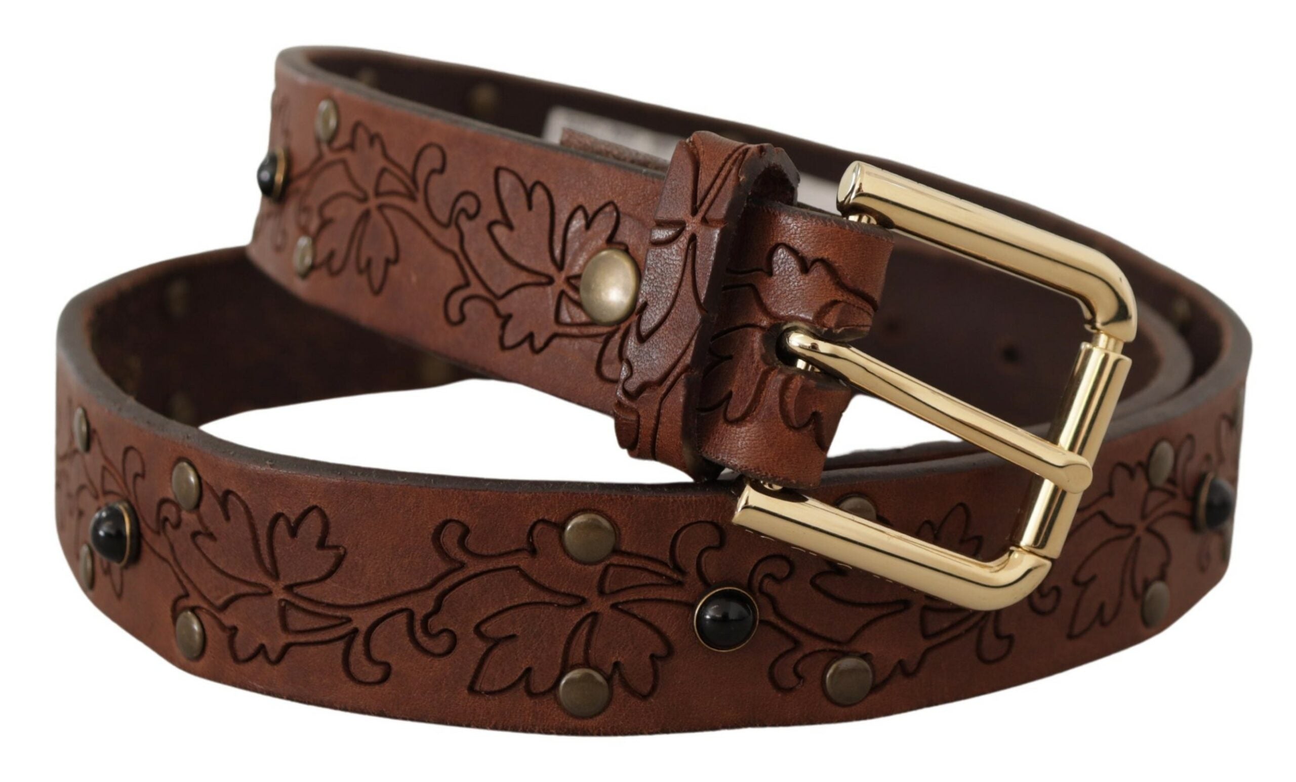 Brown Leather Floral Studded Metal Buckle Belt - 85-cm-34-inches