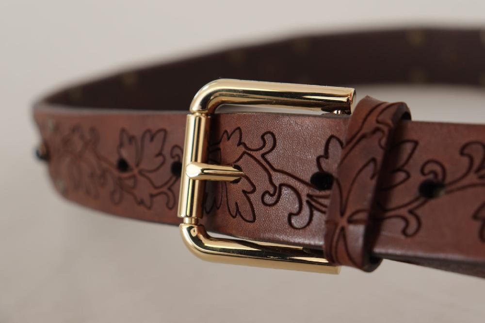 Brown Leather Floral Studded Metal Buckle Belt - 85-cm-34-inches
