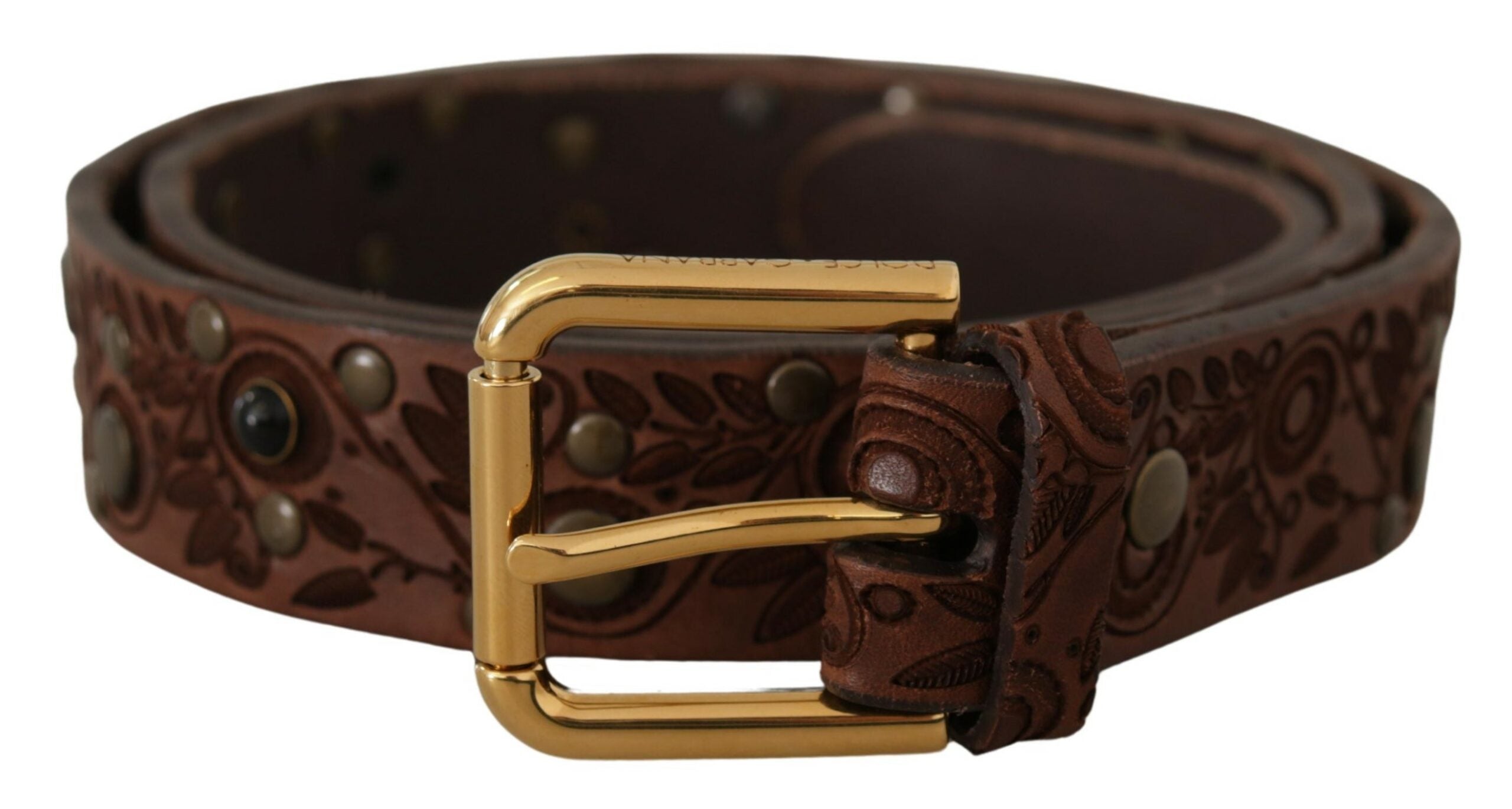 Brown Calf Leather Embossed Gold Metal Buckle - 85-cm-34-inches