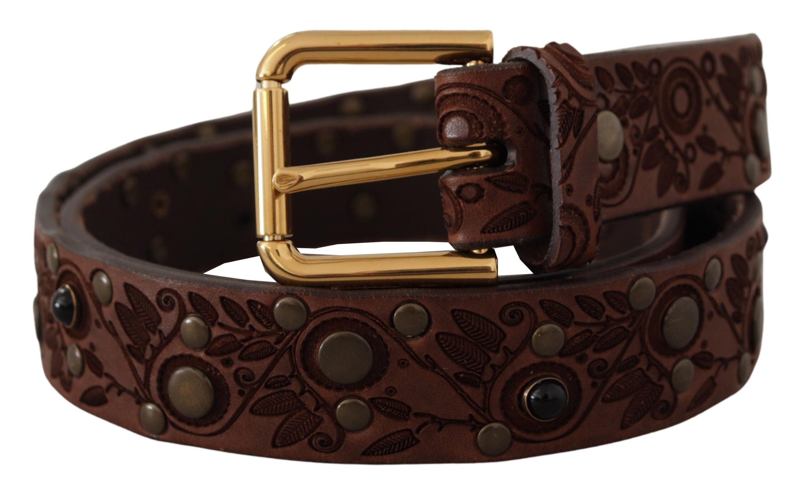 Brown Calf Leather Embossed Gold Metal Buckle - 85-cm-34-inches