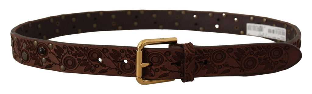 Brown Calf Leather Embossed Gold Metal Buckle - 85-cm-34-inches