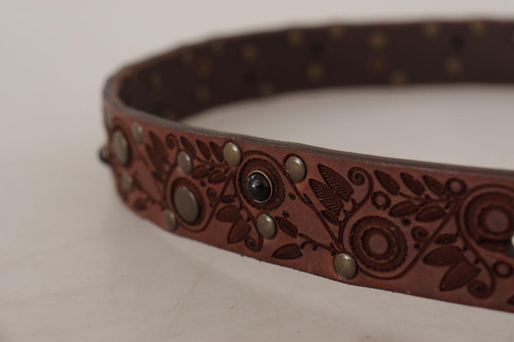 Brown Calf Leather Embossed Gold Metal Buckle - 85-cm-34-inches