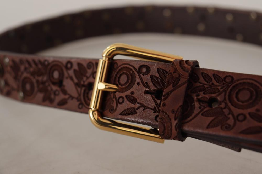 Brown Calf Leather Embossed Gold Metal Buckle - 85-cm-34-inches
