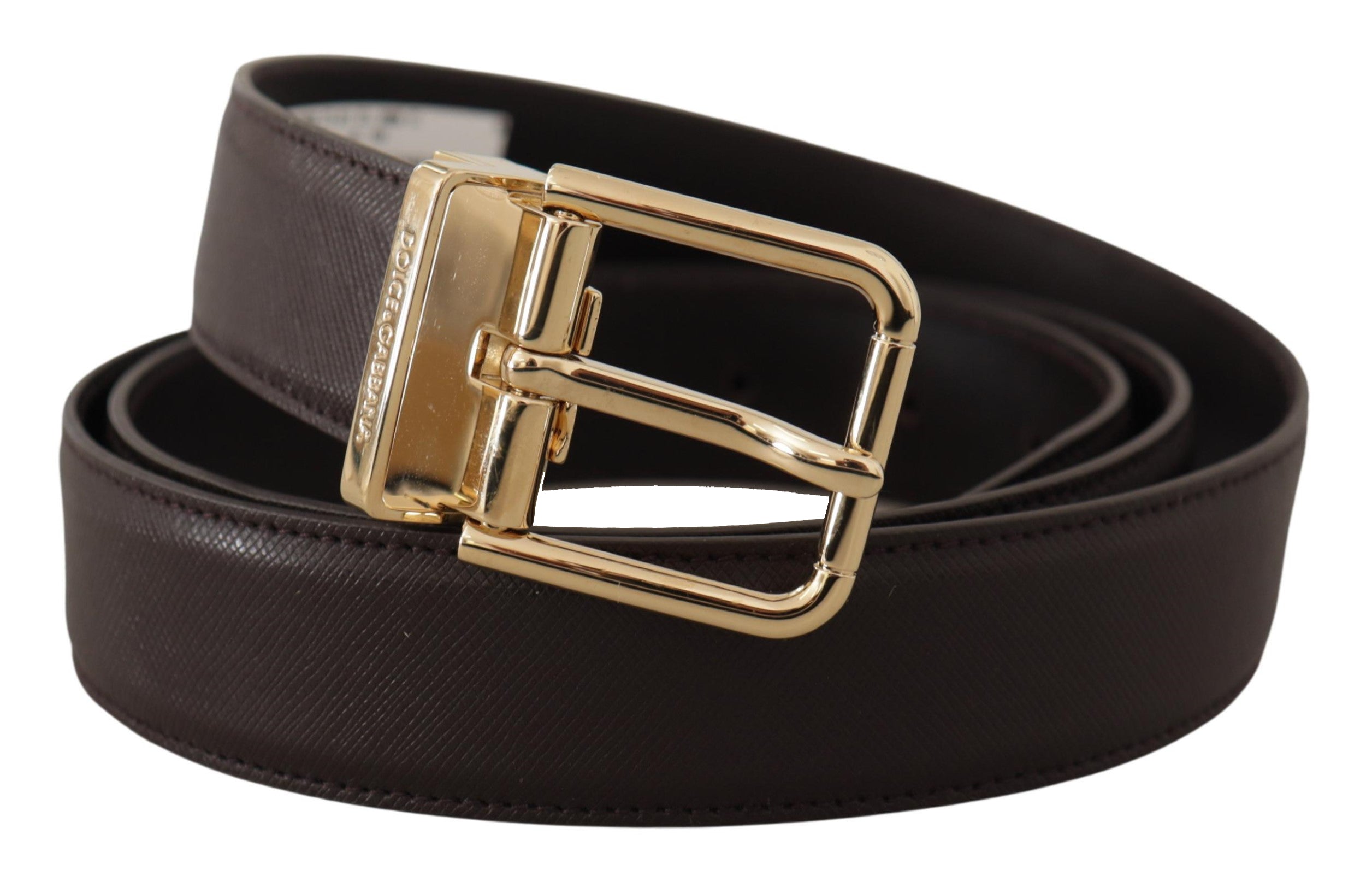 Brown Calf Leather Gold Logo Metal Buckle Belt - 100-cm-40-inches