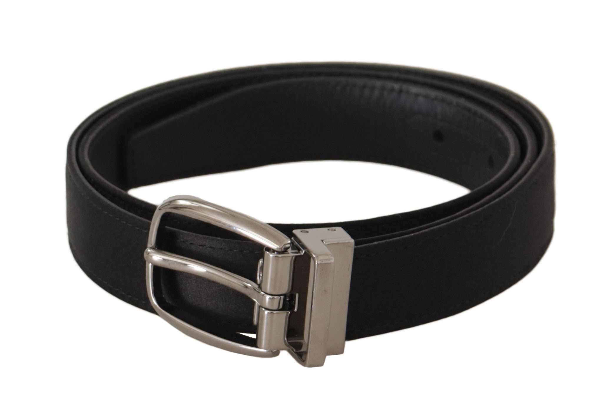 Black Calf Leather Silver Logo Metal Buckle Belt - 90-cm-36-inches