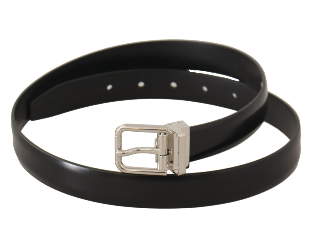 Black Calf Leather Silver Metal Logo Buckle Belt - 100-cm-40-inches