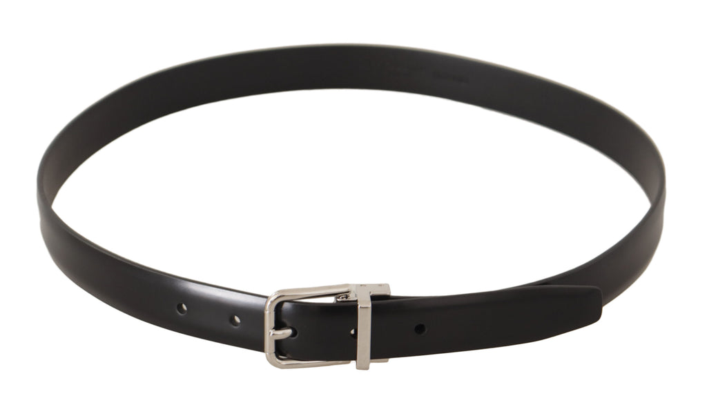 Black Calf Leather Silver Metal Logo Buckle Belt - 100-cm-40-inches