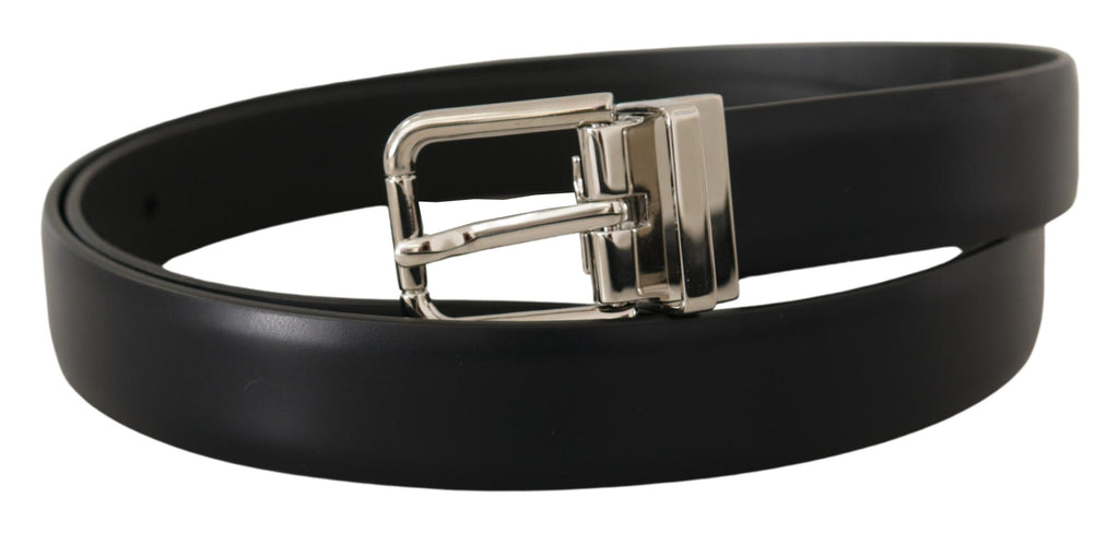 Black Calf Leather Silver Metal Logo Buckle Belt - 100-cm-40-inches