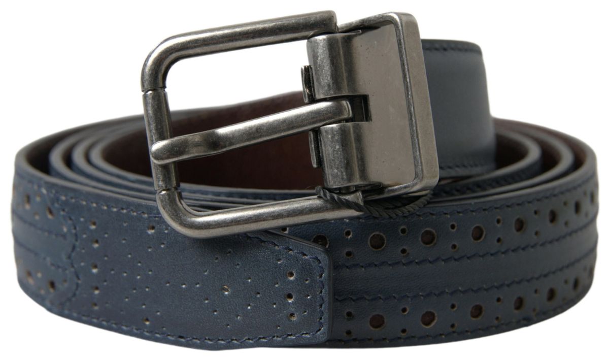 Blue Leather Perforated Metal Buckle Belt - 105-cm-42-inches