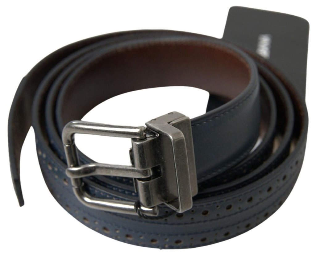 Blue Leather Perforated Metal Buckle Belt - 105-cm-42-inches