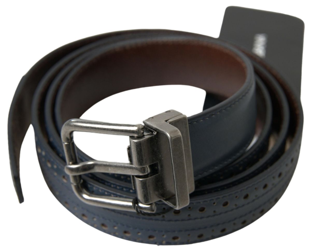 Blue Leather Perforated Metal Buckle Belt - 105-cm-42-inches