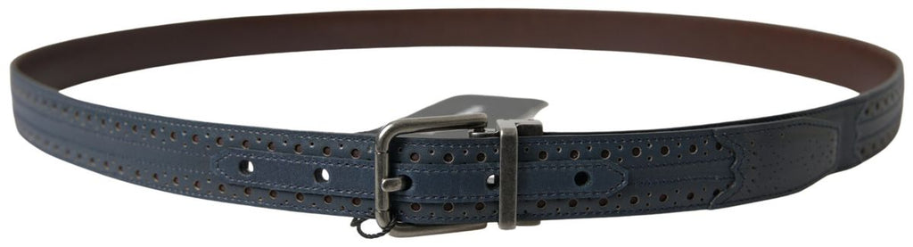Blue Leather Perforated Metal Buckle Belt - 105-cm-42-inches