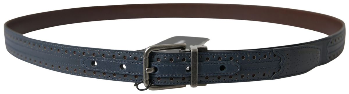 Blue Leather Perforated Metal Buckle Belt - 105-cm-42-inches