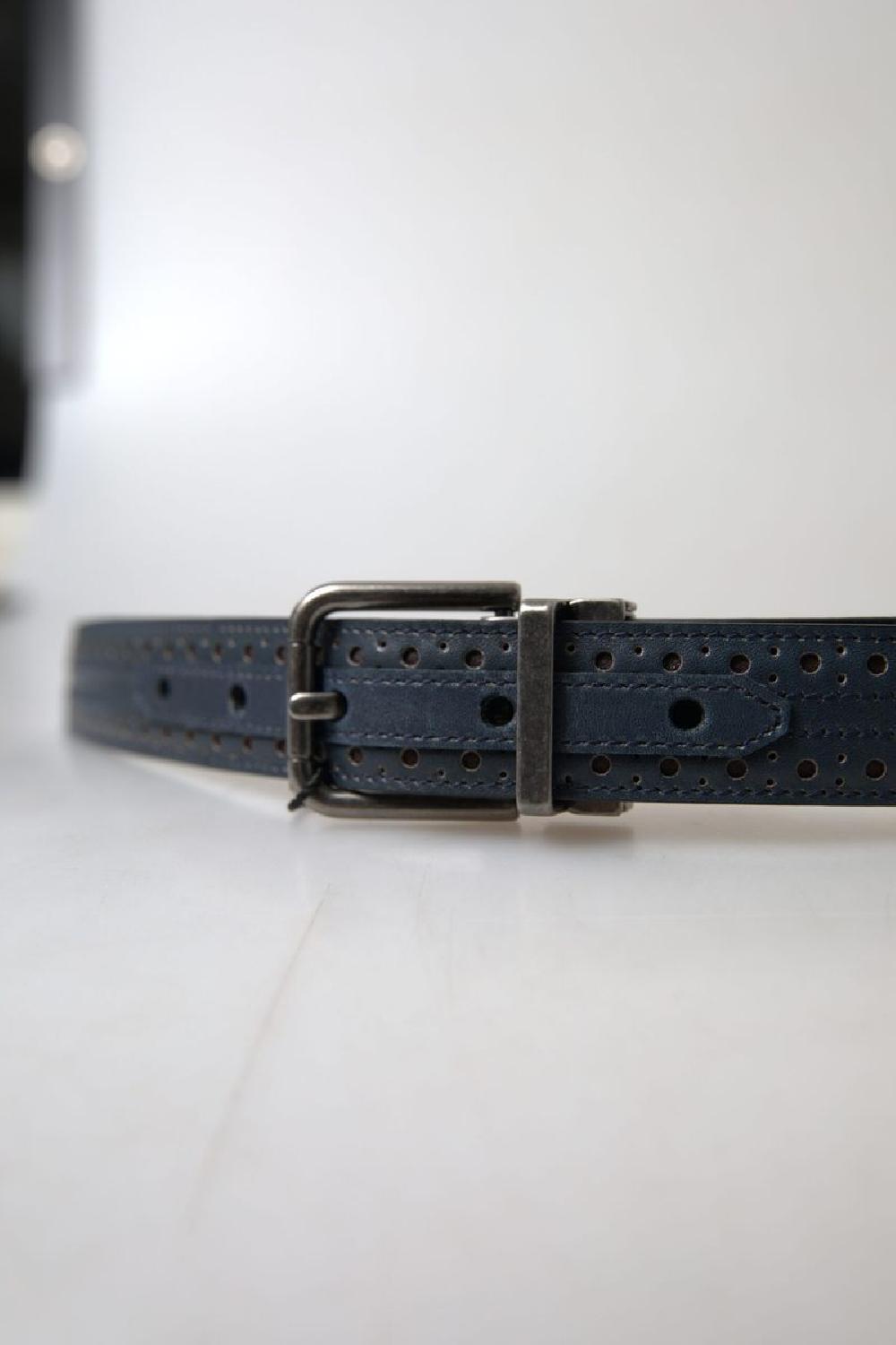 Blue Leather Perforated Metal Buckle Belt - 105-cm-42-inches