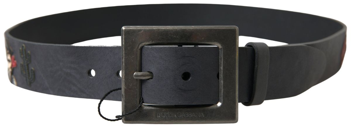 Black Leather #DGFAMLY Square Buckle Belt - 100-cm-40-inches