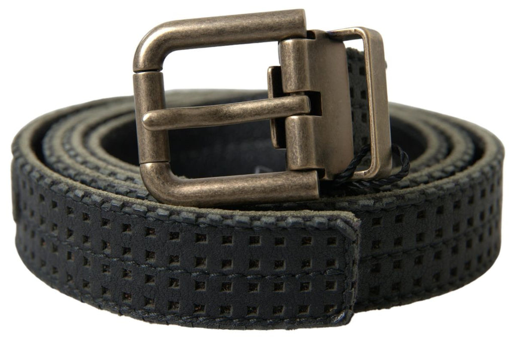 Black Leather Perforated Gold Buckle Belt - 95-cm-38-inches