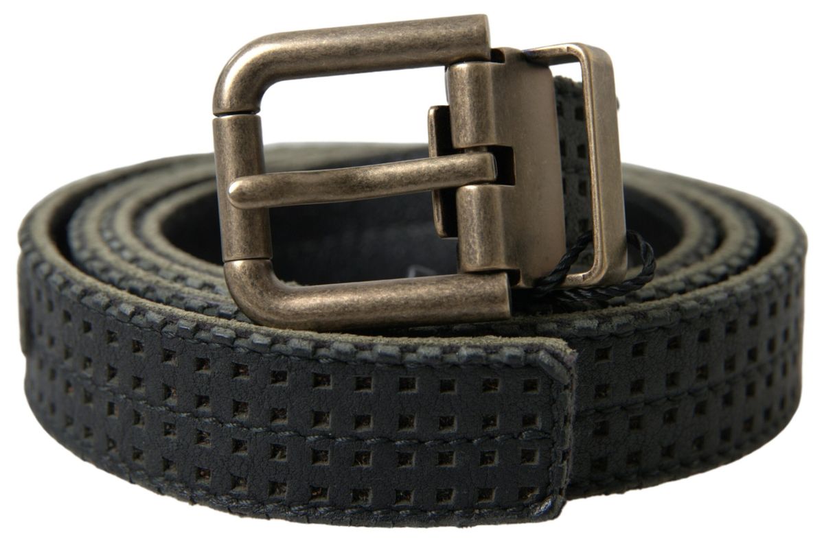Black Leather Perforated Gold Buckle Belt - 95-cm-38-inches