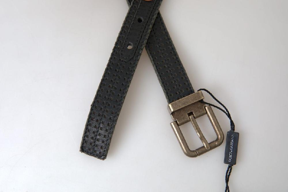 Black Leather Perforated Gold Buckle Belt - 95-cm-38-inches